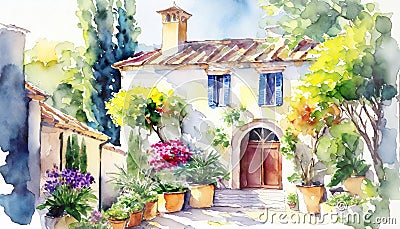 Watercolor Mediterranean Houses ~ AI Generated Content Stock Photo