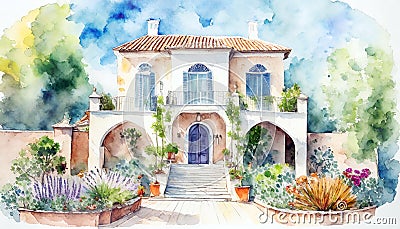 Watercolor Mediterranean Houses ~ AI Generated Content Stock Photo