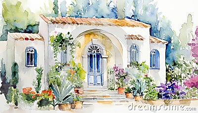 Watercolor Mediterranean Houses ~ AI Generated Content Stock Photo
