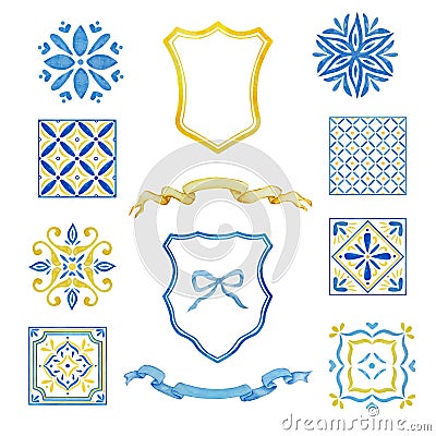 Watercolor mediterranean set, juicy lemons, leaves, flowers, Italian tiles Vector Illustration