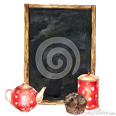 Watercolor menu chalk board, teapot cupcake, jar. Kitchen utensils clipart Stock Photo