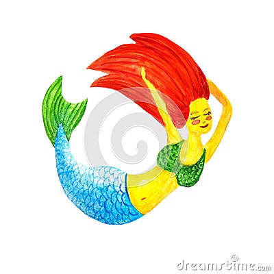 Watercolor mermaid with red hair, green tail and green swimsuit swims around, smiles, gets pleasure on white background Stock Photo