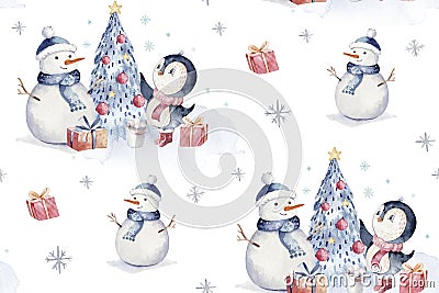 Watercolor merry christmas character penguin illustration. Winter cartoon isolated cute funny animal design card. Snow Cartoon Illustration