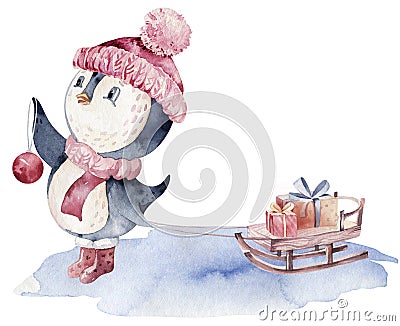 Watercolor merry christmas character penguin illustration. Winter cartoon isolated cute funny animal design card. Snow Cartoon Illustration