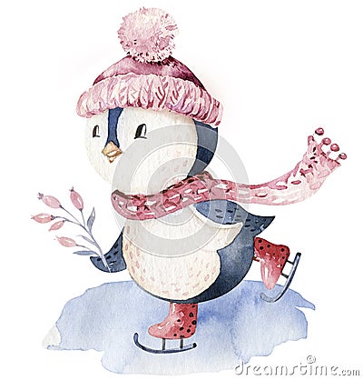 Watercolor merry christmas character penguin illustration. Winter cartoon isolated cute funny animal design card. Snow Cartoon Illustration