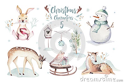 Watercolor Merry Christmas illustration with snowman, holiday cute animals deer, rabbit. Christmas celebration cards Cartoon Illustration
