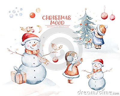 Watercolor Merry Christmas illustration with snowman, christmas tree, santa holiday invitation. Christmas gift Cartoon Illustration