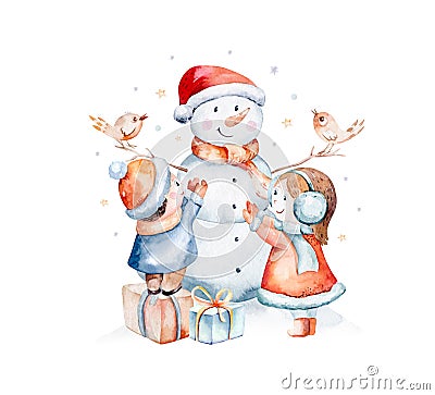 Watercolor Merry Christmas illustration with snowman, christmas tree, santa holiday invitation. Christmas gift Cartoon Illustration