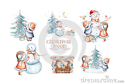 Watercolor Merry Christmas illustration with snowman, christmas tree, santa holiday invitation. Christmas gift Cartoon Illustration