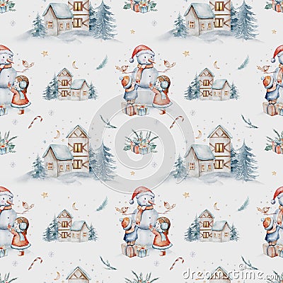 Watercolor Merry Christmas seamless pattern snowman, christmas tree, santa holiday invitation. Christmas gift Cartoon Illustration