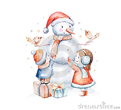 Watercolor Merry Christmas illustration with snowman, christmas tree, santa holiday invitation. Christmas gift celebration cards. Cartoon Illustration