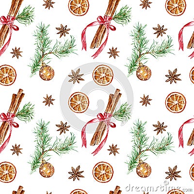 Winter festive seamless pattern for Christmas, New Years holidays. hand painted cinnamon sticks, Pine tree branch with glass ball Cartoon Illustration