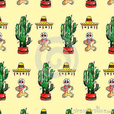 Watercolor Merry Christmas objects pattern. Mexican new year. Dia de los Muertos. Hand drawn seamless texture Stock Photo