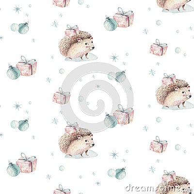 Watercolor Merry Christmas seamless patterns with christmas tree, holiday cute baby hedgehog animals. Christmas tree Stock Photo