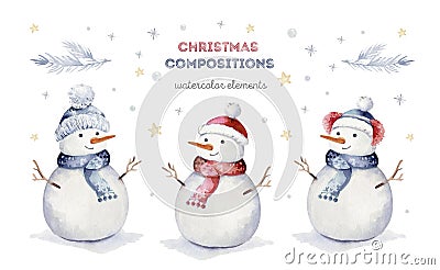 Watercolor merry christmas set of character snowmans illustration. Winter holidays cartoon isolated cute funny snowman Cartoon Illustration