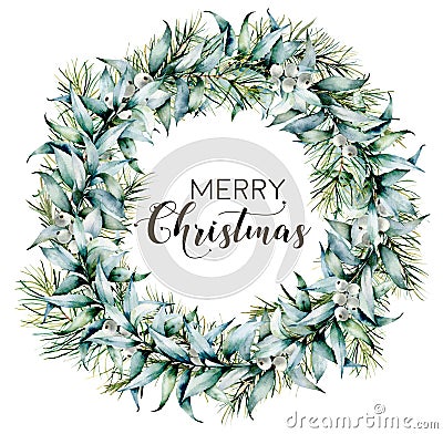 Watercolor Merry Christmas wreath with eucalyptus. Hand painted fir border with eucalyptus leaves and branches, white Stock Photo