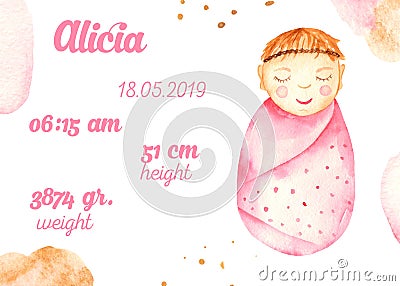 Watercolor metric card with cute newborn baby girl pink Stock Photo