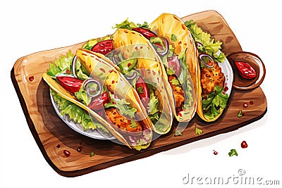 Watercolor Mexican tacos with meat and vegetables on white background. Traditional Latin American, Mexican food, cuisine. AI Stock Photo