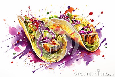 Watercolor Mexican tacos with meat and vegetables on white background. Traditional Latin American, Mexican food, cuisine. AI Stock Photo