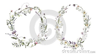 Watercolor Midsummer invitations frames with hand painted delicate leaves, pink flowers. Romantic wild flowers frames Stock Photo