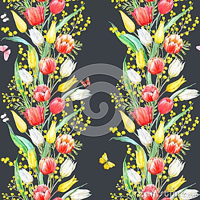 Watercolor mimosa and tulip vector pattern Vector Illustration