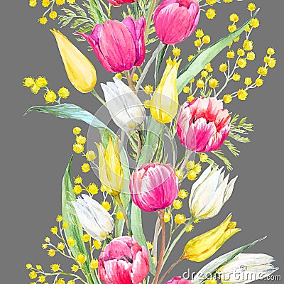 Watercolor mimosa and tulip vector pattern Vector Illustration