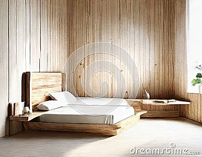 Watercolor of Minimal wooden bedroom with a Stock Photo