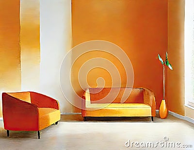 Watercolor of A minimalist orange living room featuring sleek designs and tidy Stock Photo