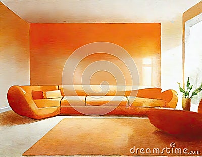 Watercolor of A minimalist orange living room featuring sleek designs and tidy Stock Photo