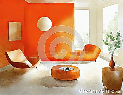 Watercolor of A minimalist orange living room featuring sleek designs and tidy Stock Photo