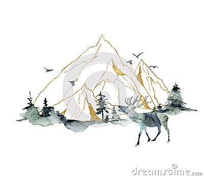 Watercolor minimalistic landscape of forest, mountains and deer. Hand painted abstract and gold linear mountains Stock Photo