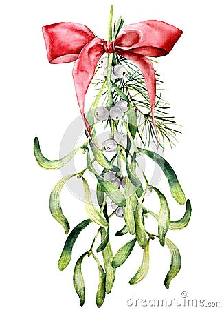 Watercolor mistletoe bouquet with Christmas decor. Hand painted mistletoe leaves with fir branch and red ribbon isolated Cartoon Illustration