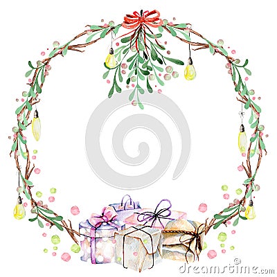 Watercolor mistletoe, lightbulbs and gift boxes winter Christmas wreath Stock Photo