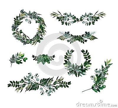 Watercolor modern decorative element. Eucalyptus round Green leaf Wreath, greenery branches, garland, border, frame, elegant Stock Photo