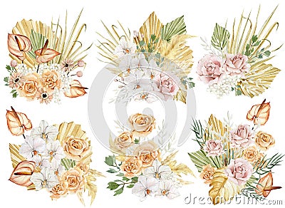 Watercolor modern flowers and wilflorals bouquet set. Branches, rose, pampas graas. Tropical bohemian illustration Cartoon Illustration