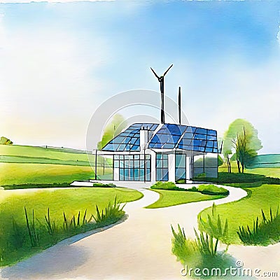 Watercolor of of a modern futuristic house and electricwith a field of wind turbines in background Stock Photo