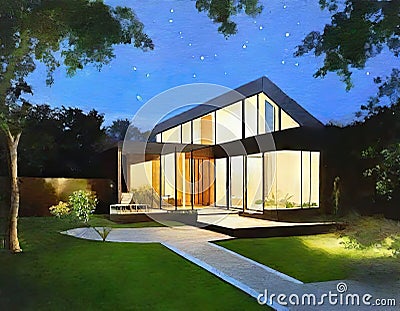 Watercolor of modern garden at night Stock Photo