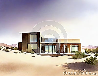 Watercolor of A modern house in the desert Stock Photo