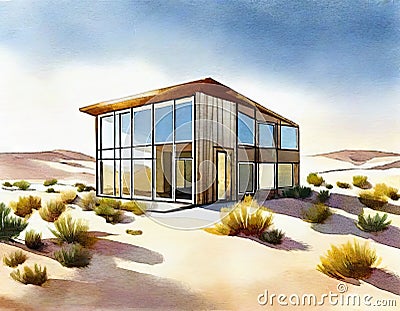 Watercolor of A modern house in the desert Stock Photo