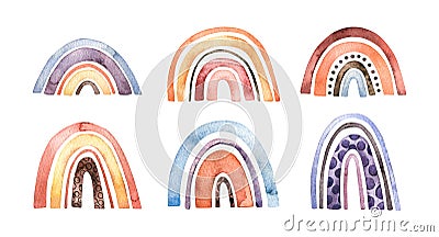 Watercolor modern illustration. Colorful rainbow. Abstract creative image of color and polka dot arcs. Cartoon Illustration