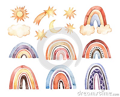 Watercolor modern illustration. Colorful rainbow and golden stars, moon and sun. Abstract image of color and polka dot arcs. Cartoon Illustration