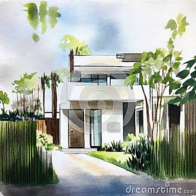 Watercolor of Modern Japanese House Stock Photo