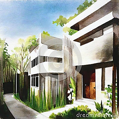 Watercolor of Modern Japanese House Stock Photo