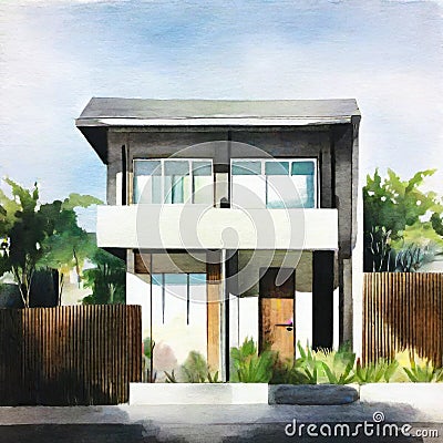 Watercolor of Modern Japanese House Stock Photo