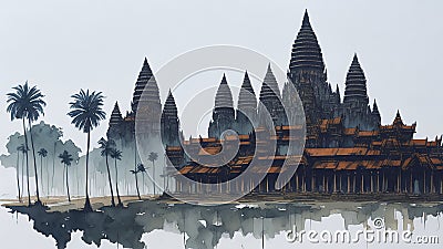 Watercolor modern landscape Giant temple complex of Angkor Wat, Cambodia. Stock Photo