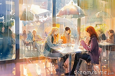 Watercolor modern painting: People, three women, sit at tables in a street cafe. Lighting with electric light. AI Stock Photo