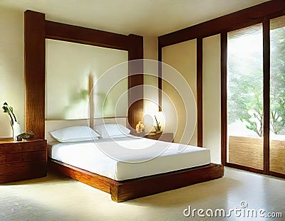 Watercolor of Modern serene bedroom with wooden bed and Asian lit with LEDs for tranquil Stock Photo