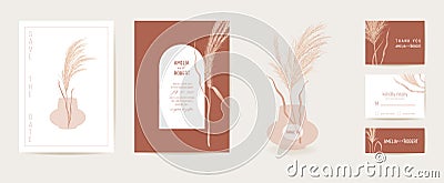 Watercolor modern wedding invitation pampas grass card set. Autumn boho botanical template Vector Illustration