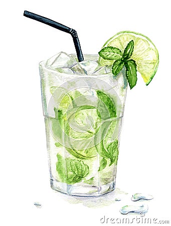 Watercolor mojito cocktail with mint and lime Stock Photo