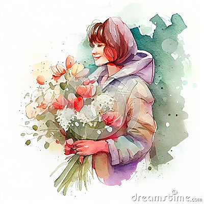 Watercolor mom with flower bouquete. 8 March greeting card. Illustration AI Generative Stock Photo